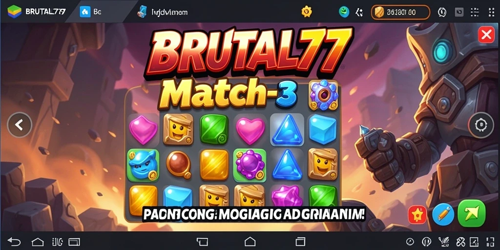 Screenshot BRUTAL77 menunjukkan aksi mencocokkan permata yang seru.