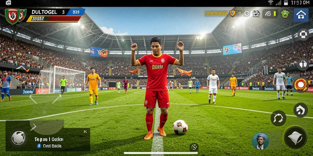 Screenshot DULTOGEL menampilkan aksi seru di lapangan sepak bola.