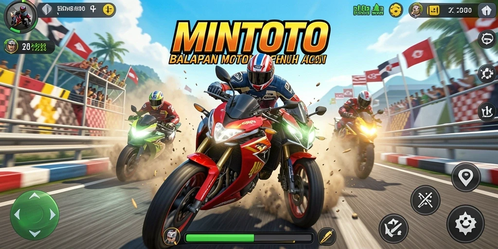 Screenshot gameplay MINTOTO yang menunjukkan aksi balapan motor yang seru.