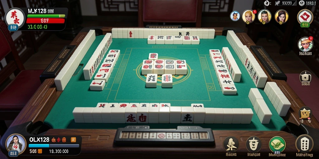 Tampilan gameplay OLX128 yang memukau dengan ubin Mahjong.