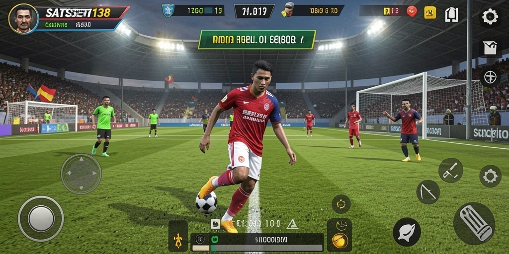 Tampilan gameplay realistis dari permainan sepak bola.